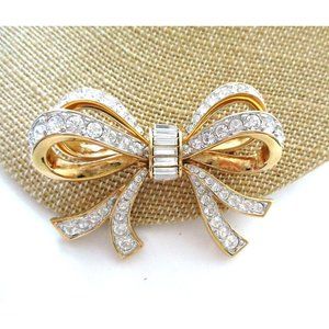 Vintage SWAROVSKI CRYSTAL DOUBLE BOW BROOCH PIN Designer Signed